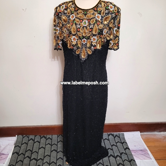 Black Beaded Sequined Silk Gown by Laurence Kazar